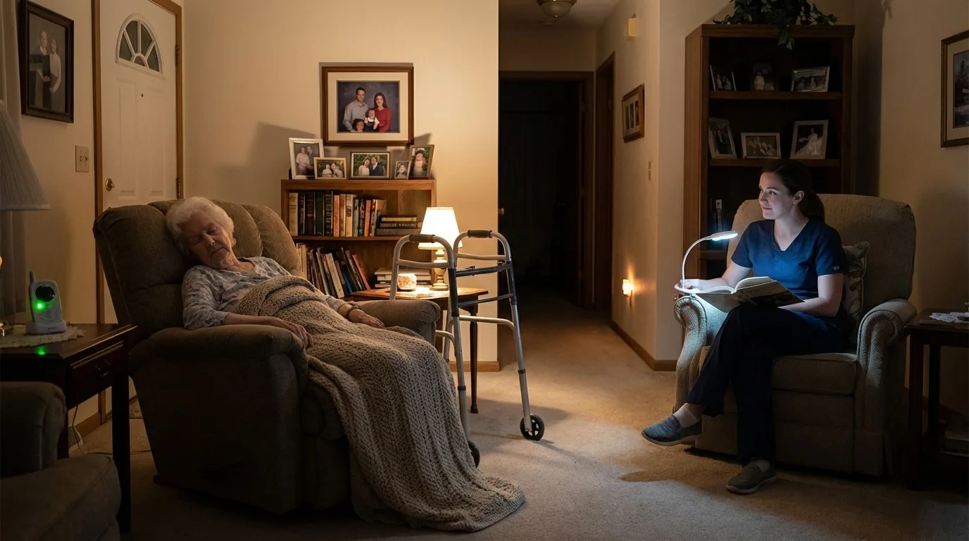 An overnight caregiver staying nearby while a senior sleeps safely at home